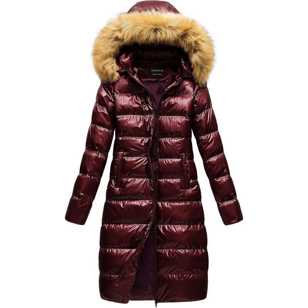 Women's Long Winter Faux Fur Coat Puffer Warm Jacket with Detachable Hood